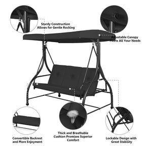 3-Person Porch Swing with Adjustable Canopy, Removable Cushions & Steel Frame, 2-in-1 Convertible Patio Swing Bed for Backyard, Poolside