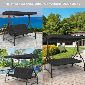 3-Person Porch Swing with Adjustable Canopy, Removable Cushions & Steel Frame, 2-in-1 Convertible Patio Swing Bed for Backyard, Poolside