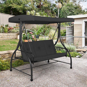 3-Person Porch Swing with Adjustable Canopy, Removable Cushions & Steel Frame, 2-in-1 Convertible Patio Swing Bed for Backyard, Poolside