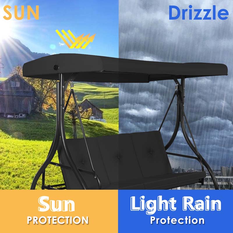 3-Person Porch Swing with Adjustable Canopy, Removable Cushions & Steel Frame, 2-in-1 Convertible Patio Swing Bed for Backyard, Poolside