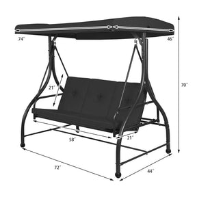 3-Person Porch Swing with Adjustable Canopy, Removable Cushions & Steel Frame, 2-in-1 Convertible Patio Swing Bed for Backyard, Poolside