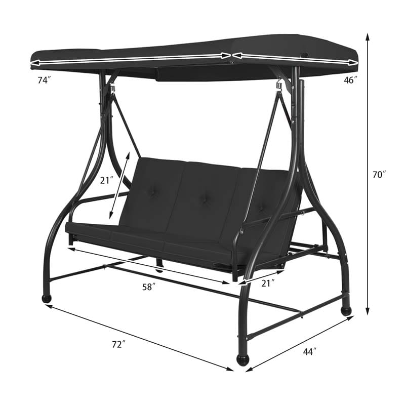 3-Person Porch Swing with Adjustable Canopy, Removable Cushions & Steel Frame, 2-in-1 Convertible Patio Swing Bed for Backyard, Poolside