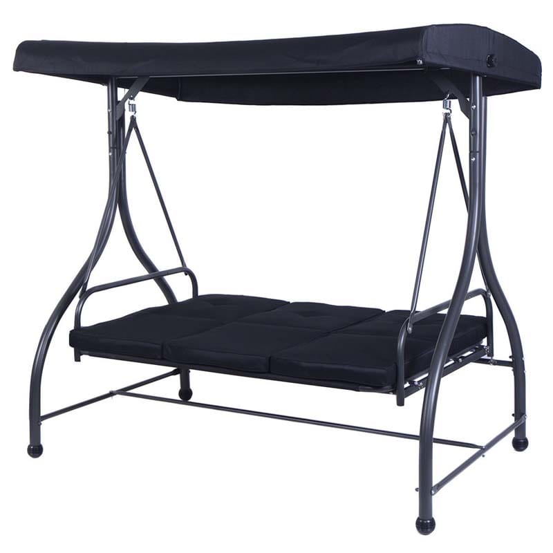 3-Person Porch Swing with Adjustable Canopy, Removable Cushions & Steel Frame, 2-in-1 Convertible Patio Swing Bed for Backyard, Poolside