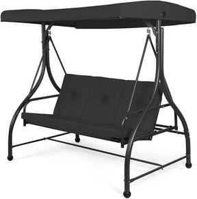 3-Person Porch Swing with Adjustable Canopy, Removable Cushions & Steel Frame, 2-in-1 Convertible Patio Swing Bed for Backyard, Poolside