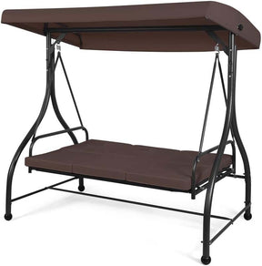 3-Person Porch Swing with Adjustable Canopy, Removable Cushions & Steel Frame, 2-in-1 Convertible Patio Swing Bed for Backyard, Poolside