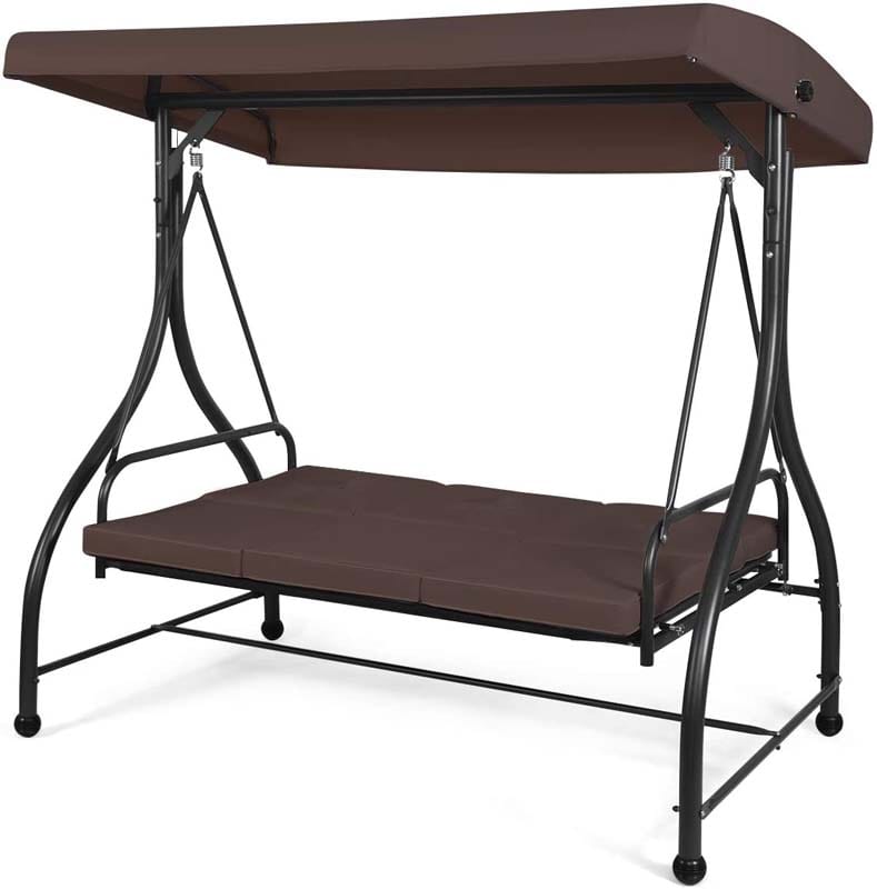 3-Person Porch Swing with Adjustable Canopy, Removable Cushions & Steel Frame, 2-in-1 Convertible Patio Swing Bed for Backyard, Poolside