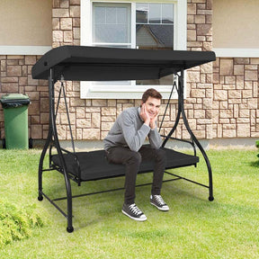 3-Person Porch Swing with Adjustable Canopy, Removable Cushions & Steel Frame, 2-in-1 Convertible Patio Swing Bed for Backyard, Poolside