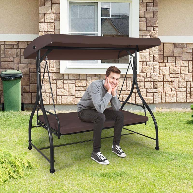 3-Person Porch Swing with Adjustable Canopy, Removable Cushions & Steel Frame, 2-in-1 Convertible Patio Swing Bed for Backyard, Poolside