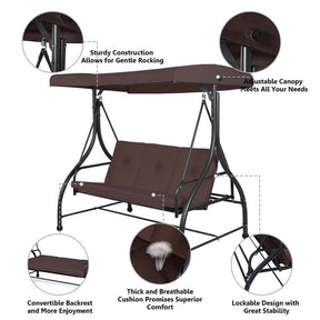 3-Person Porch Swing with Adjustable Canopy, Removable Cushions & Steel Frame, 2-in-1 Convertible Patio Swing Bed for Backyard, Poolside