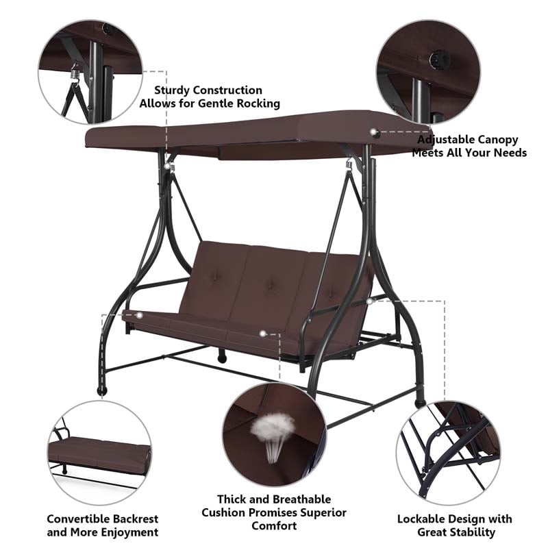 3-Person Porch Swing with Adjustable Canopy, Removable Cushions & Steel Frame, 2-in-1 Convertible Patio Swing Bed for Backyard, Poolside