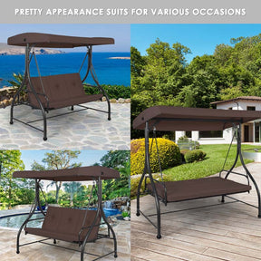 3-Person Porch Swing with Adjustable Canopy, Removable Cushions & Steel Frame, 2-in-1 Convertible Patio Swing Bed for Backyard, Poolside