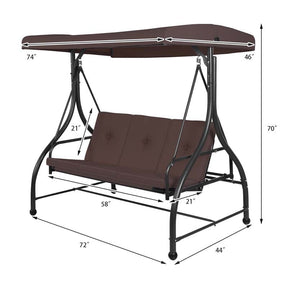 3-Person Porch Swing with Adjustable Canopy, Removable Cushions & Steel Frame, 2-in-1 Convertible Patio Swing Bed for Backyard, Poolside
