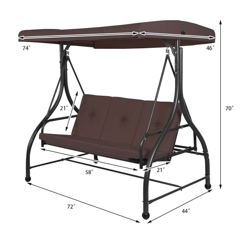 3-Person Porch Swing with Adjustable Canopy, Removable Cushions & Steel Frame, 2-in-1 Convertible Patio Swing Bed for Backyard, Poolside