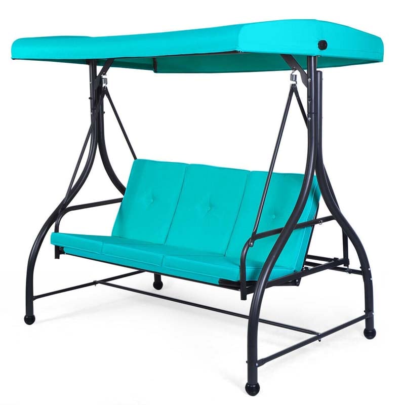 3-Person Porch Swing with Adjustable Canopy, Removable Cushions & Steel Frame, 2-in-1 Convertible Patio Swing Bed for Backyard, Poolside