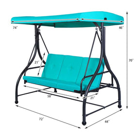 3-Person Porch Swing with Adjustable Canopy, Removable Cushions & Steel Frame, 2-in-1 Convertible Patio Swing Bed for Backyard, Poolside