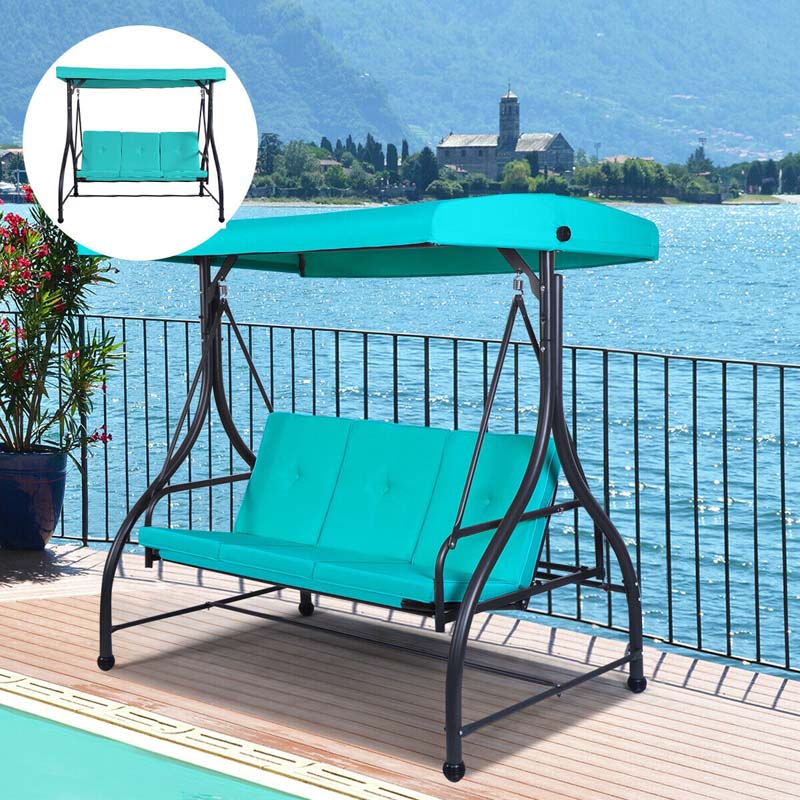 3-Person Porch Swing with Adjustable Canopy, Removable Cushions & Steel Frame, 2-in-1 Convertible Patio Swing Bed for Backyard, Poolside
