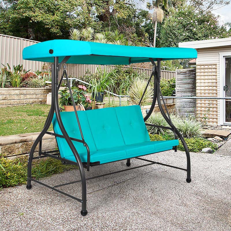 3-Person Porch Swing with Adjustable Canopy, Removable Cushions & Steel Frame, 2-in-1 Convertible Patio Swing Bed for Backyard, Poolside