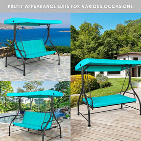 3-Person Porch Swing with Adjustable Canopy, Removable Cushions & Steel Frame, 2-in-1 Convertible Patio Swing Bed for Backyard, Poolside