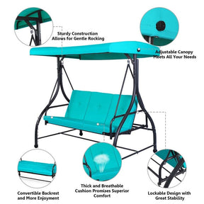 3-Person Porch Swing with Adjustable Canopy, Removable Cushions & Steel Frame, 2-in-1 Convertible Patio Swing Bed for Backyard, Poolside