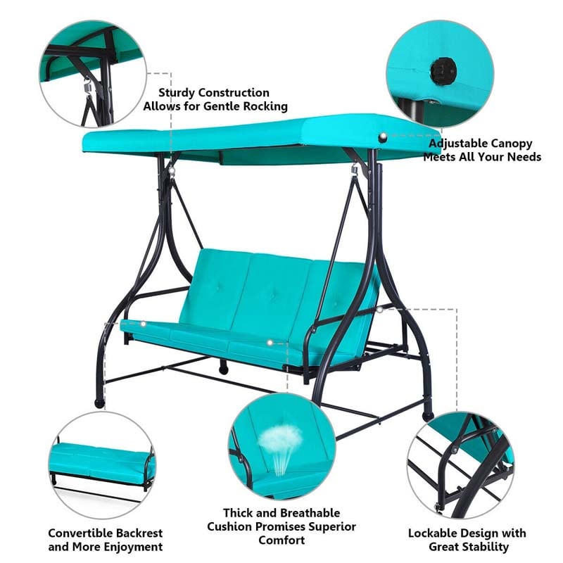 3-Person Porch Swing with Adjustable Canopy, Removable Cushions & Steel Frame, 2-in-1 Convertible Patio Swing Bed for Backyard, Poolside
