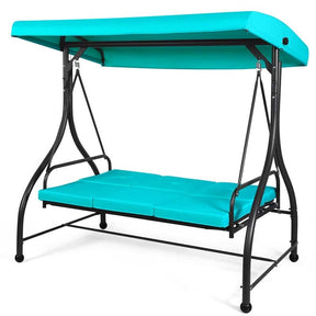 3-Person Porch Swing with Adjustable Canopy, Removable Cushions & Steel Frame, 2-in-1 Convertible Patio Swing Bed for Backyard, Poolside