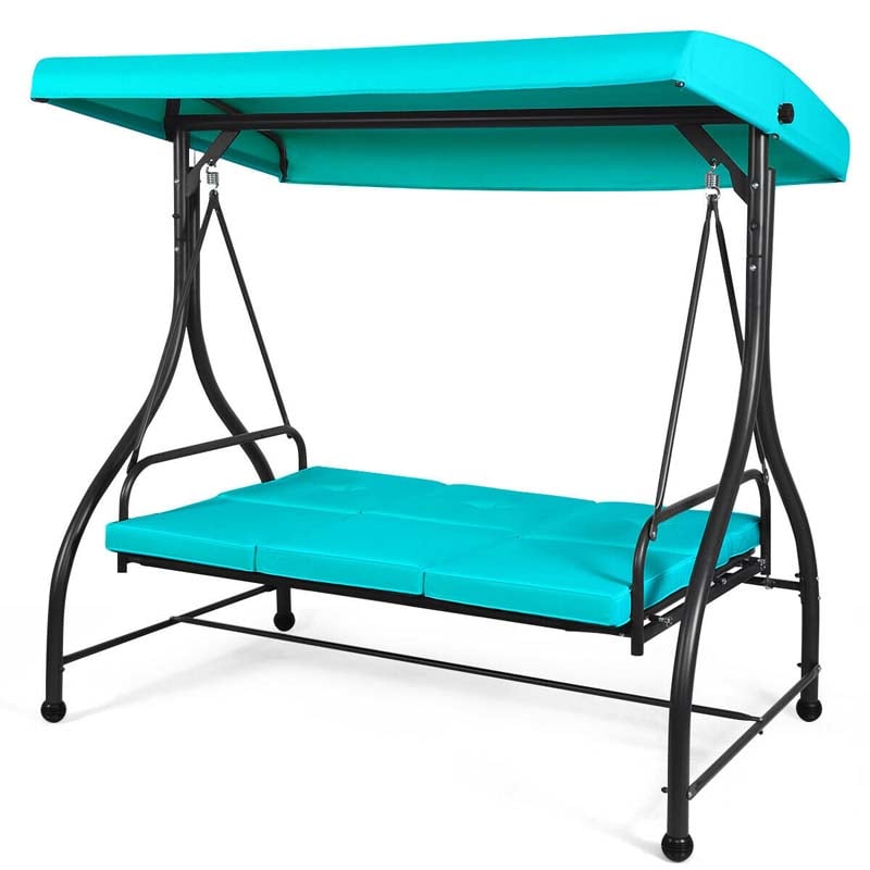 3-Person Porch Swing with Adjustable Canopy, Removable Cushions & Steel Frame, 2-in-1 Convertible Patio Swing Bed for Backyard, Poolside