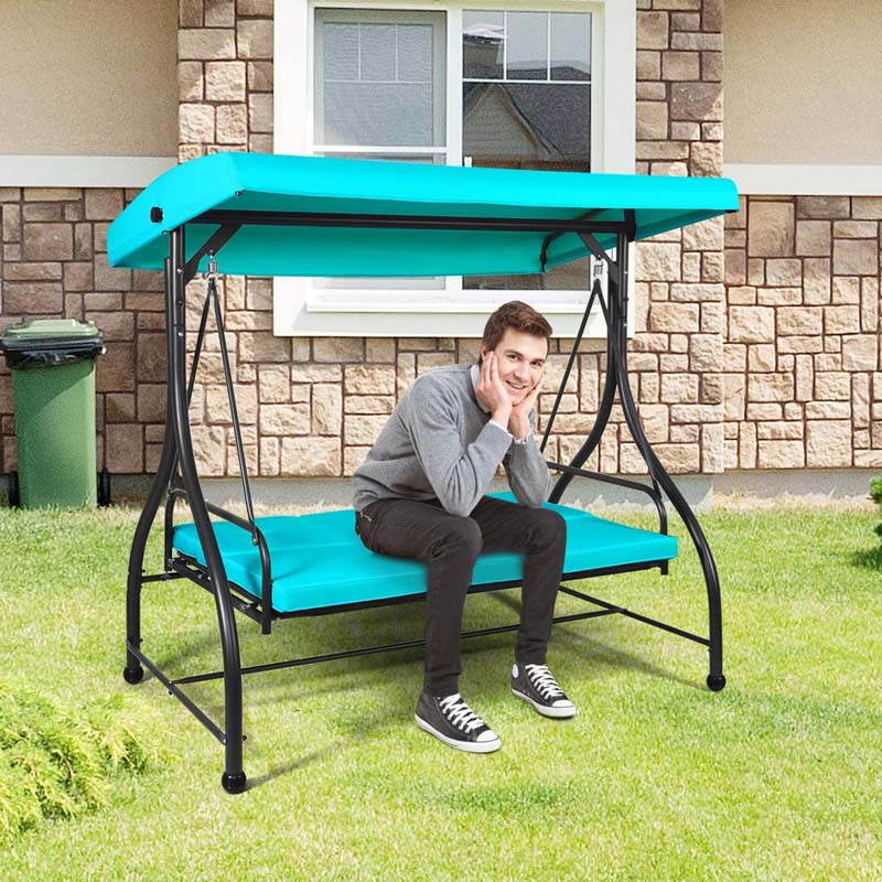 3-Person Porch Swing with Adjustable Canopy, Removable Cushions & Steel Frame, 2-in-1 Convertible Patio Swing Bed for Backyard, Poolside