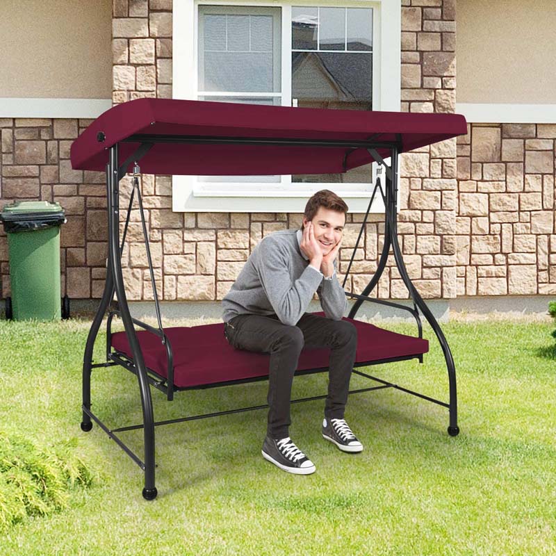 3-Person Porch Swing with Adjustable Canopy, Removable Cushions & Steel Frame, 2-in-1 Convertible Patio Swing Bed for Backyard, Poolside