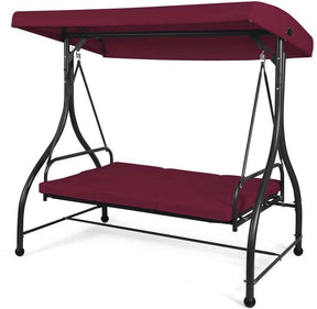 3-Person Porch Swing with Adjustable Canopy, Removable Cushions & Steel Frame, 2-in-1 Convertible Patio Swing Bed for Backyard, Poolside