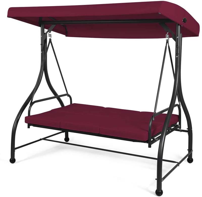 3-Person Porch Swing with Adjustable Canopy, Removable Cushions & Steel Frame, 2-in-1 Convertible Patio Swing Bed for Backyard, Poolside