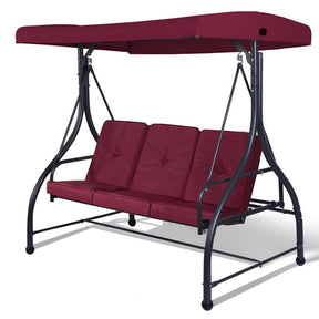 3-Person Porch Swing with Adjustable Canopy, Removable Cushions & Steel Frame, 2-in-1 Convertible Patio Swing Bed for Backyard, Poolside