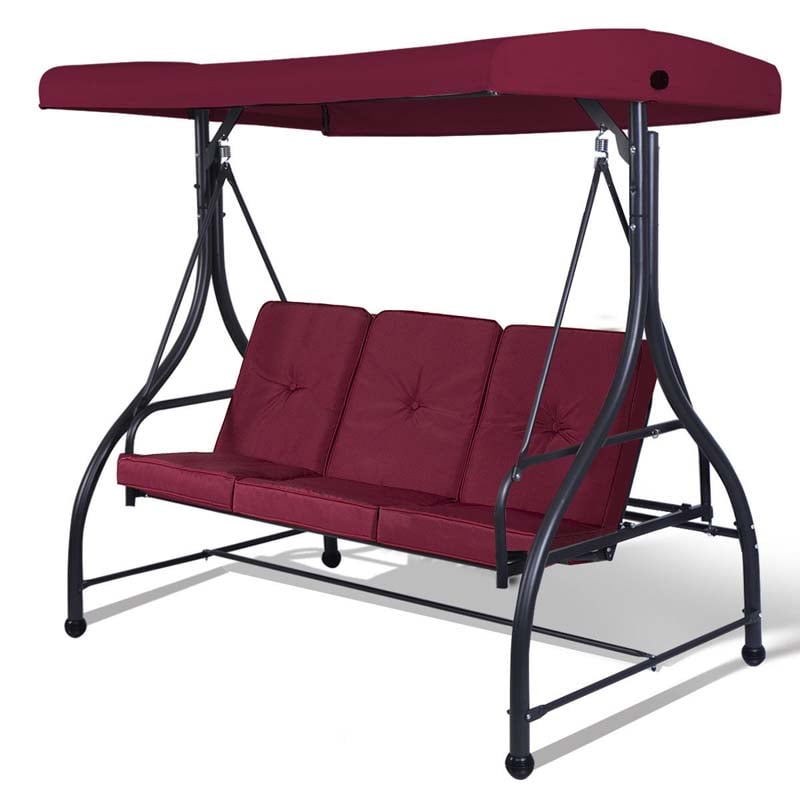 3-Person Porch Swing with Adjustable Canopy, Removable Cushions & Steel Frame, 2-in-1 Convertible Patio Swing Bed for Backyard, Poolside