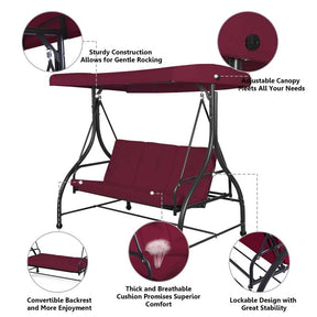 3-Person Porch Swing with Adjustable Canopy, Removable Cushions & Steel Frame, 2-in-1 Convertible Patio Swing Bed for Backyard, Poolside