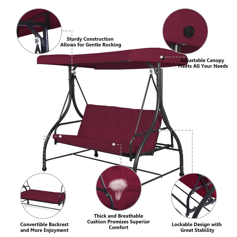 3-Person Porch Swing with Adjustable Canopy, Removable Cushions & Steel Frame, 2-in-1 Convertible Patio Swing Bed for Backyard, Poolside