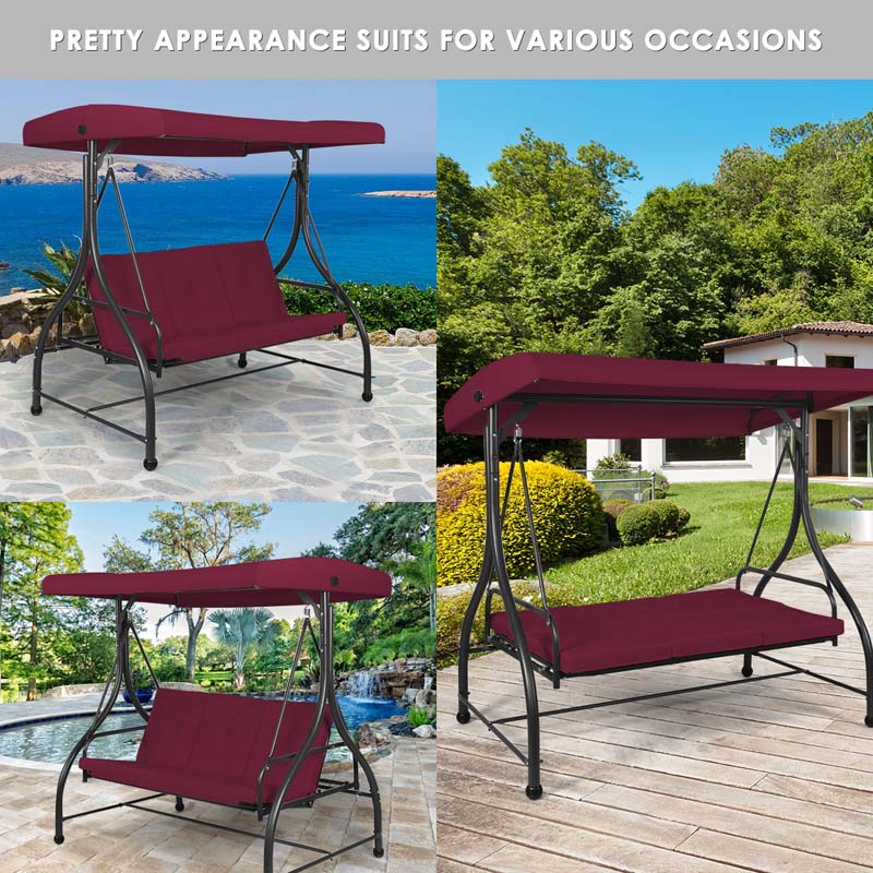 3-Person Porch Swing with Adjustable Canopy, Removable Cushions & Steel Frame, 2-in-1 Convertible Patio Swing Bed for Backyard, Poolside