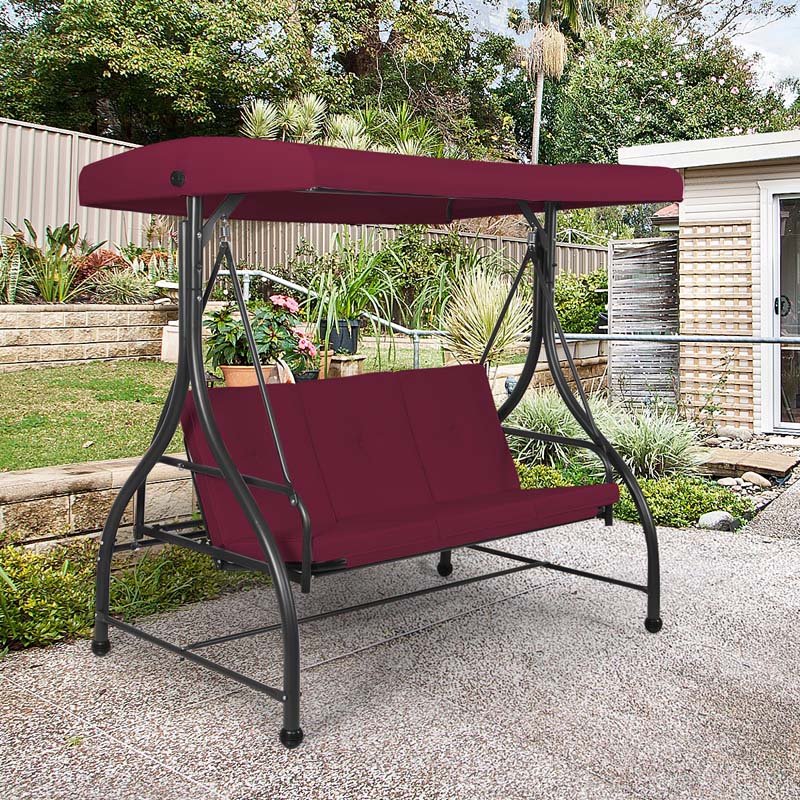 3-Person Porch Swing with Adjustable Canopy, Removable Cushions & Steel Frame, 2-in-1 Convertible Patio Swing Bed for Backyard, Poolside