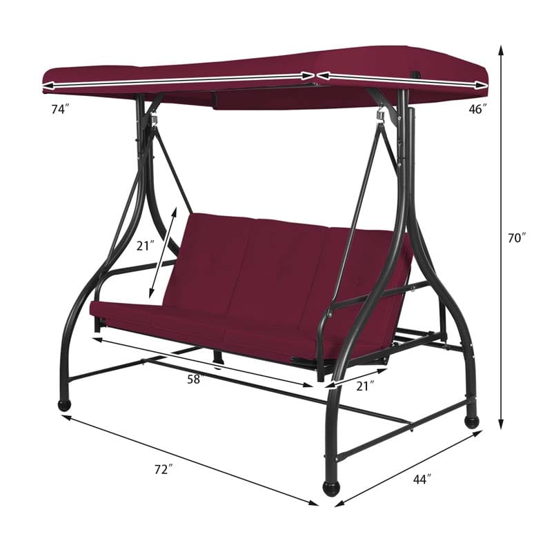 3-Person Porch Swing with Adjustable Canopy, Removable Cushions & Steel Frame, 2-in-1 Convertible Patio Swing Bed for Backyard, Poolside