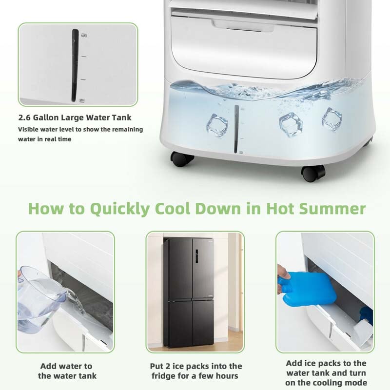 1000 CFM 4-in-1 Portable Evaporative Air Cooler Fan, Humidifier & Purifier with 15H Timer, 3 Speeds, 2.6 Gal Water Tank, Remote Control for 500 sq.ft