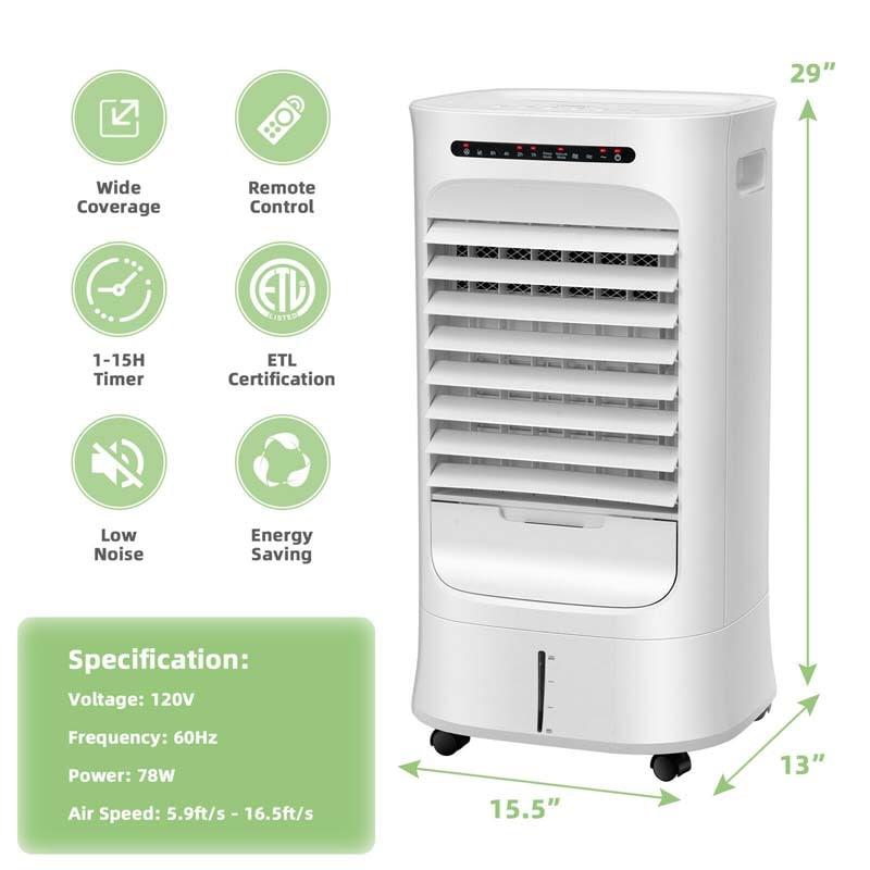 1000 CFM 4-in-1 Portable Evaporative Air Cooler Fan, Humidifier & Purifier with 15H Timer, 3 Speeds, 2.6 Gal Water Tank, Remote Control for 500 sq.ft