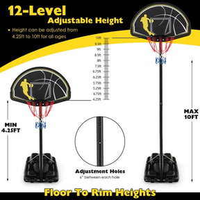 4.25-10FT Portable Basketball Hoop Outdoor Indoor Basketball Goal Hoop System with 44" Backboard & Fillable Base