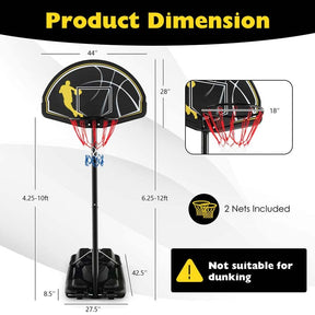 4.25-10FT Portable Basketball Hoop Outdoor Indoor Basketball Goal Hoop System with 44" Backboard & Fillable Base