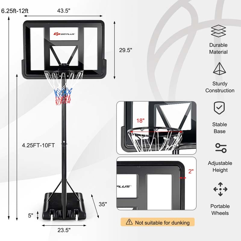 4.5-10FT Portable Basketball Hoop Outdoor, Height Adjustable Basketball Goal System with 44" Backboard & Wheels