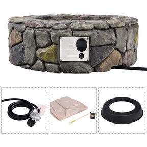 28" 40000 BTU Round Stone Look Outdoor Propane Gas Fire Pit Table with with PVC Cover & Lava Rocks