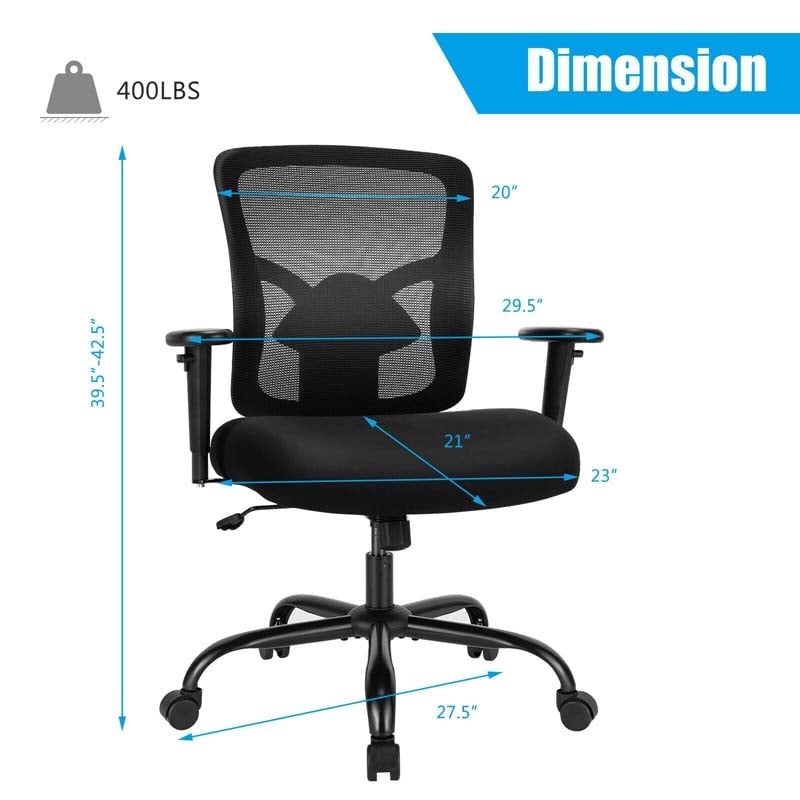 Big and Tall Mesh Office Chair 400 LBS, Ergonomic Executive Desk Chair with Spring Cushion Seat & Adjustable Lumbar Support, Rolling Swivel Task Chair
