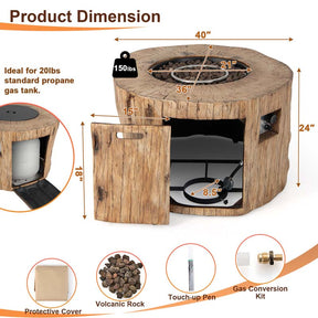 40" Wood-Like Round Fire Table, 50000 BTU Propane Gas Fire Pit Table with Lava Rocks & Cover