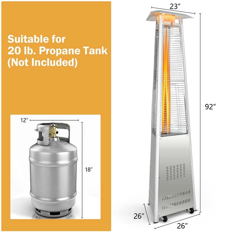 42000 BTU Pyramid Patio Heater with Wheels & Tip Over Protection, Stainless Steel Glass Tube Flame Propane Outdoor Heater for Backyard