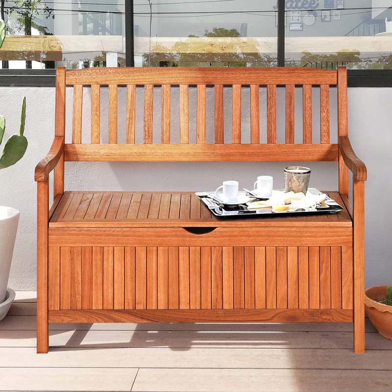 42" Outdoor Eucalyptus Wood Storage Bench Deck Box 33 Gallon with Waterproof Inner Lining, 2 Person Garden Loveseat for Porch, Yard & Balcony