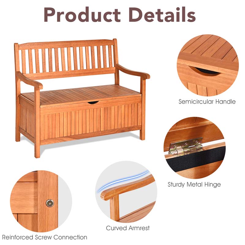 42" Outdoor Eucalyptus Wood Storage Bench Deck Box 33 Gallon with Waterproof Inner Lining, 2 Person Garden Loveseat for Porch, Yard & Balcony