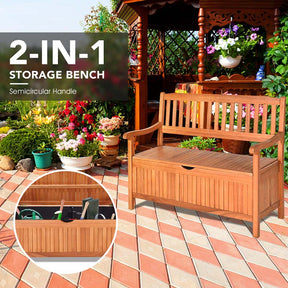 42" Outdoor Eucalyptus Wood Storage Bench Deck Box 33 Gallon with Waterproof Inner Lining, 2 Person Garden Loveseat for Porch, Yard & Balcony