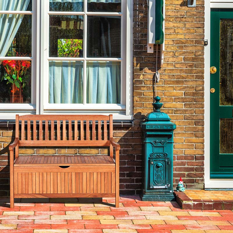 42" Outdoor Eucalyptus Wood Storage Bench Deck Box 33 Gallon with Waterproof Inner Lining, 2 Person Garden Loveseat for Porch, Yard & Balcony